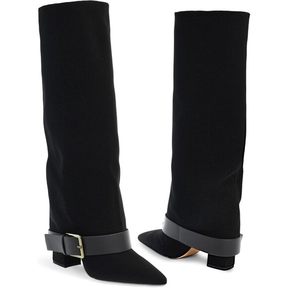 Women's Black Suede Wide Calf Pointed Toe Belt Buckle Knee High Fall Long Boot - Picture 5 of 6